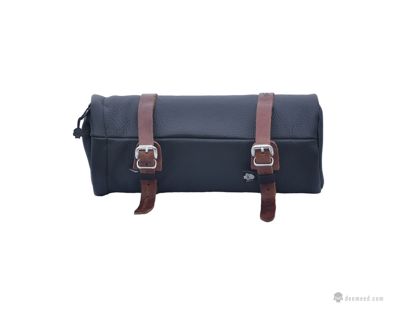 Piórnik / rolka wykonana z czarnej skóry z brązowymi paskami - obrazek 4